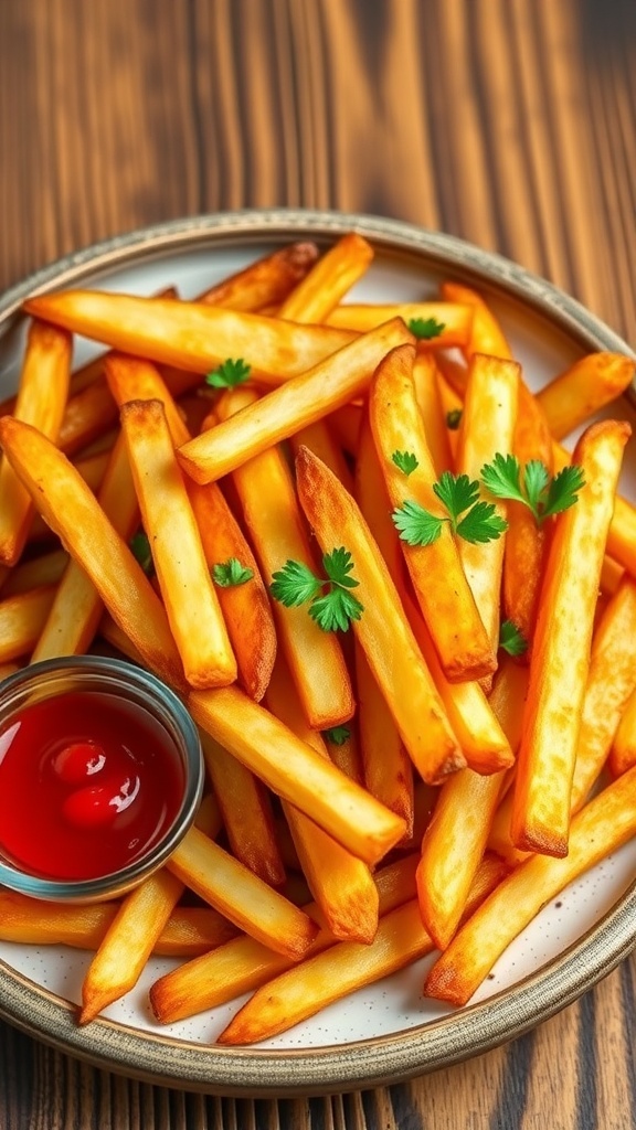 Crispy Air Fryer French Fries Recipe Crispy air fryer French fries garnished with parsley and served with ketchup on a rustic table.